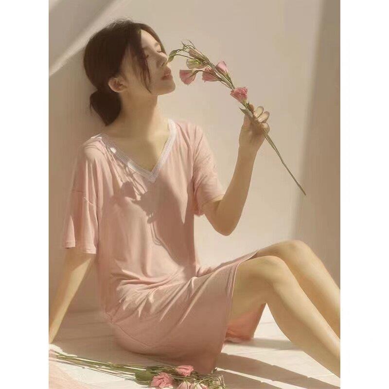 莫代尔睡裙女夏季带胸垫v领中裙蕾丝连衣裙春夏款薄短袖宽松睡衣图片