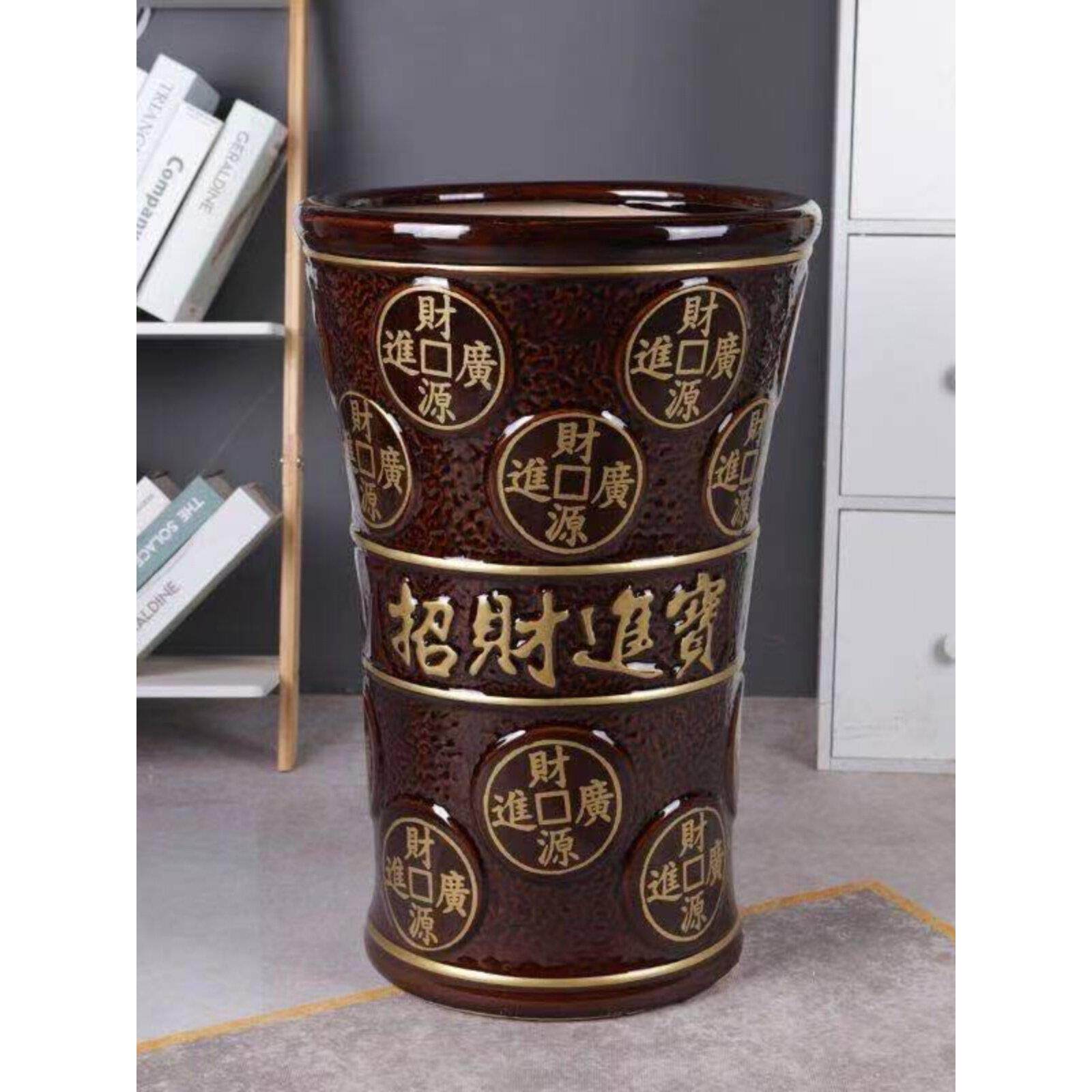 特大号高筒阔口陶瓷花盆花瓶中国风浮雕金字招财进宝发财树金钱树