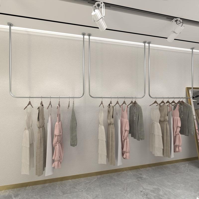 服装店挂衣架拉丝不锈钢悬吊式天花板悬挂吊架女装婚纱陈列展示架
