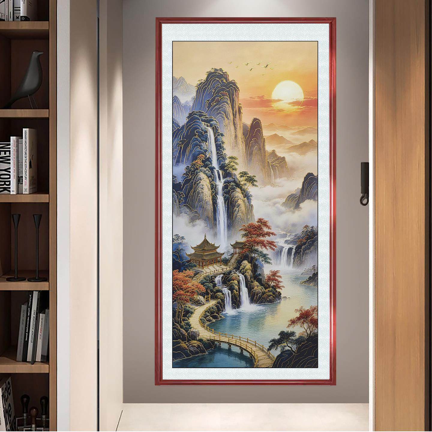新中式玄关装饰画旭日东升描金山水画 竖版入户走廊山水挂画 轻奢