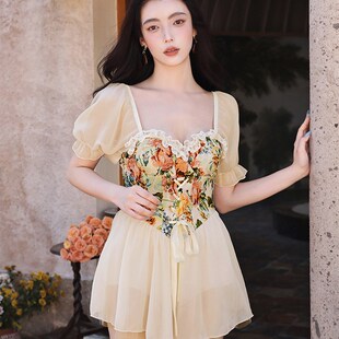 仙女范遮肚显瘦碎花钢托聚拢泳装 DUDU新款 2023泳衣女连体裙式