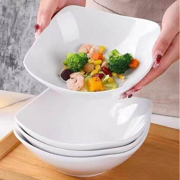 纯白简约四角盘子深碗家用高颜值陶瓷菜碗盘沙拉碗深汤盘可微波炉