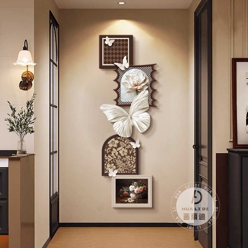 法式中古风入户玄关装饰画蝴蝶高级感客厅挂画复古走廊过道灯壁画