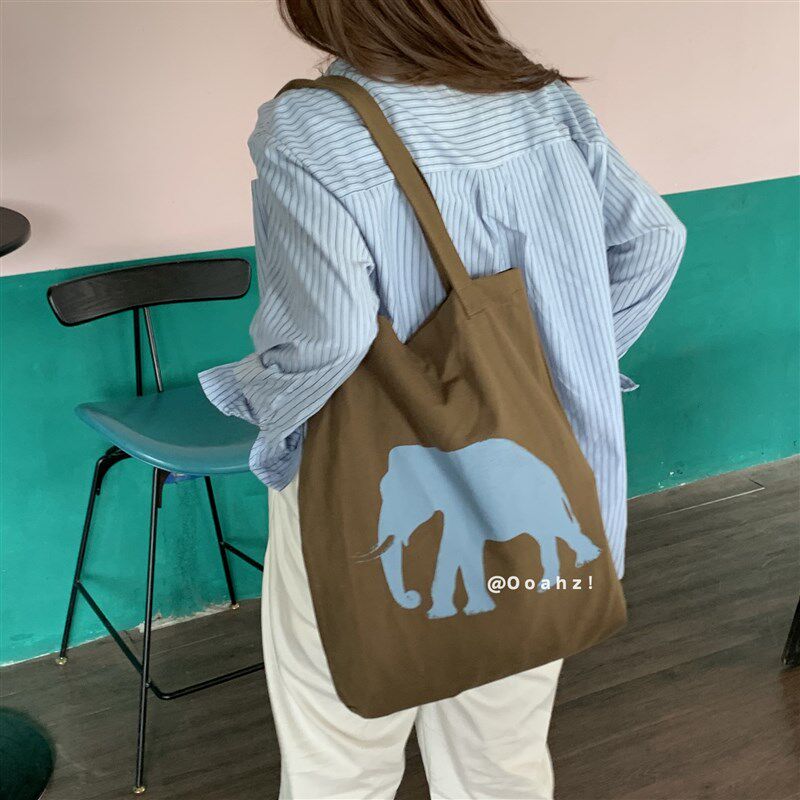 蓝色大象 咸菜棕小众设计韩国帆布包 松弛感可爱象百搭单肩购物袋