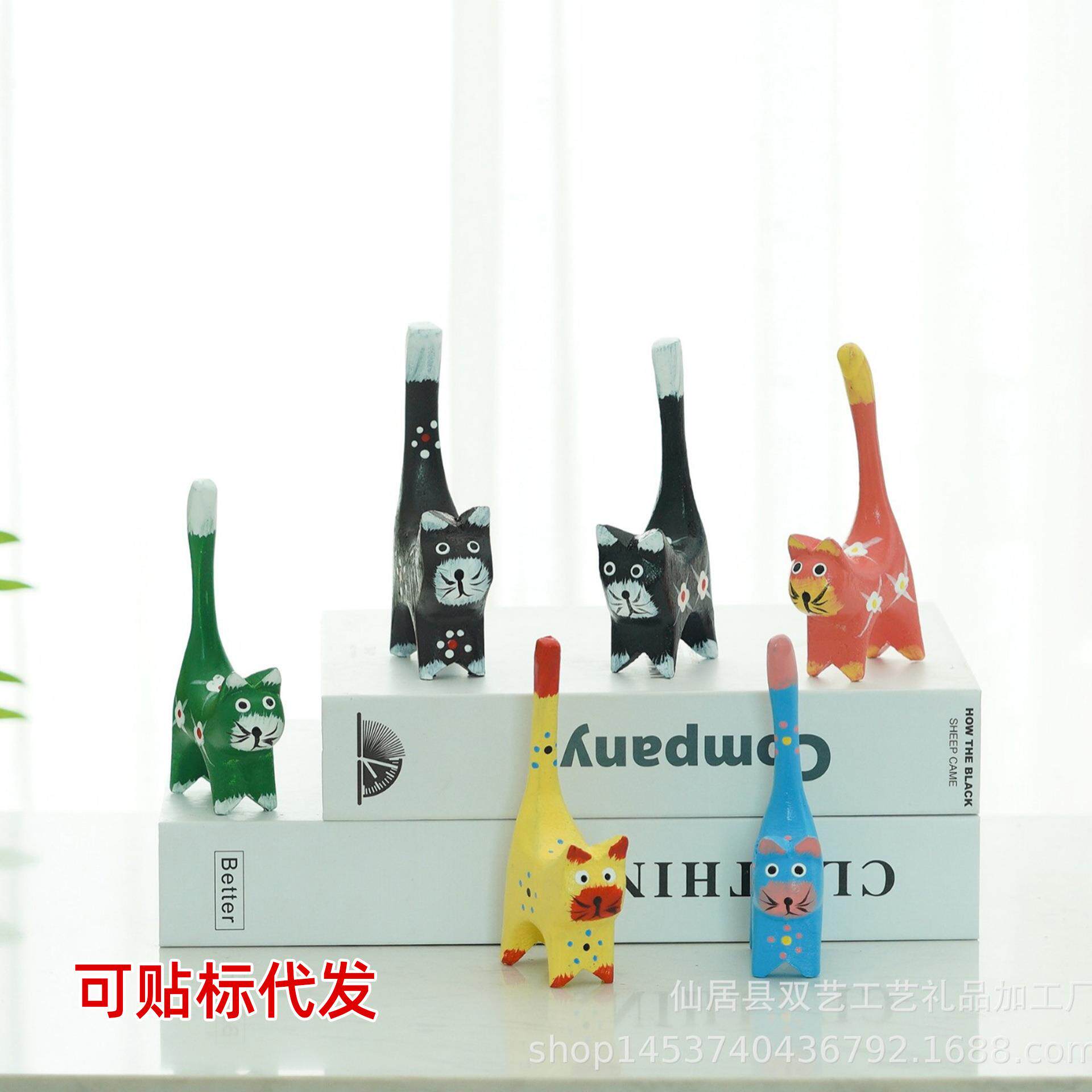 地中海风格纯手工木质磨削小猫6件套 精品家居摆件 创意彩绘礼品
