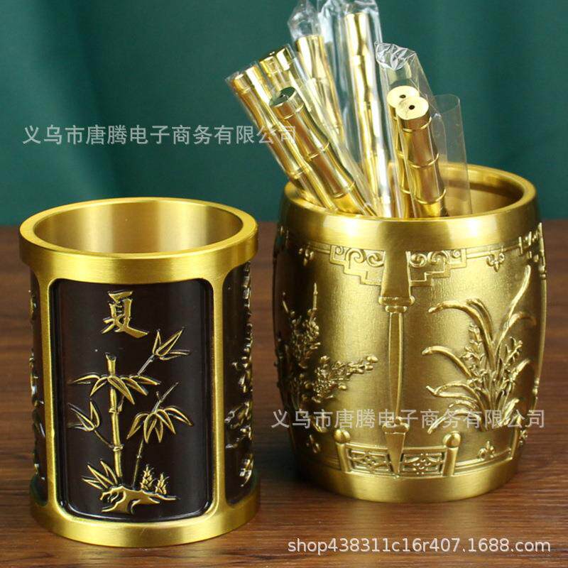 黄铜梅兰竹菊笔筒办公室书房创意金属工艺品春夏秋冬桌面纯铜摆件