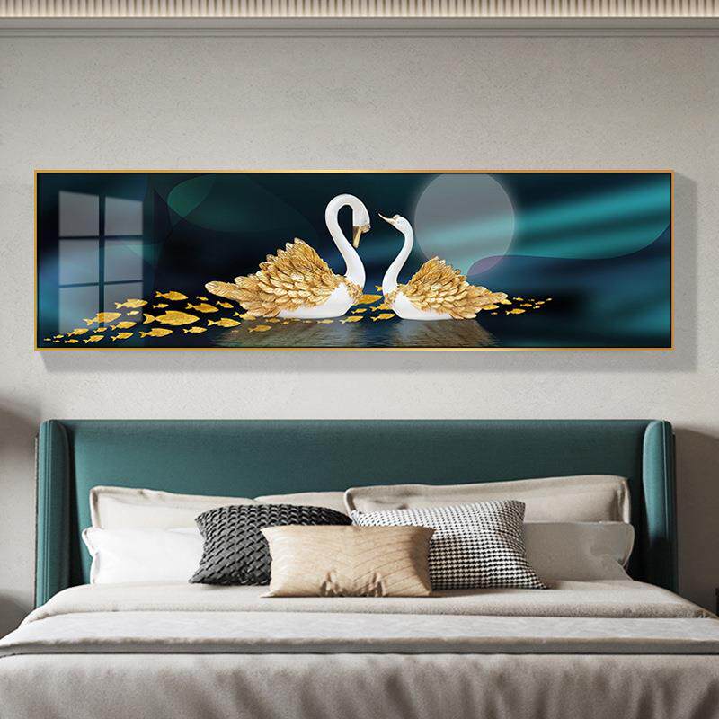 白头偕老卧室床头画现代简约白天鹅房间装饰画温馨横版晶瓷画挂画