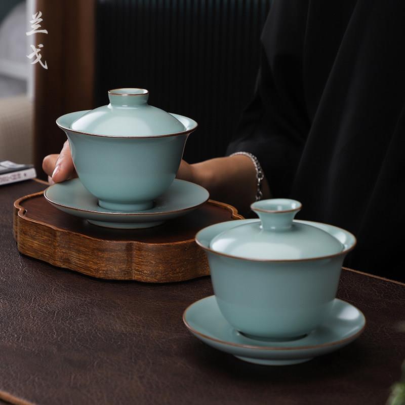 汝窑盖碗茶杯汝瓷开片功夫茶具套组家用大号三才碗敬茶碗茶道配件