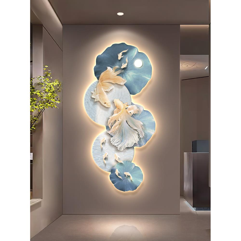 高级感九鱼图玄关装饰画入户正对门口挂画过道走廊尽头LED壁灯画