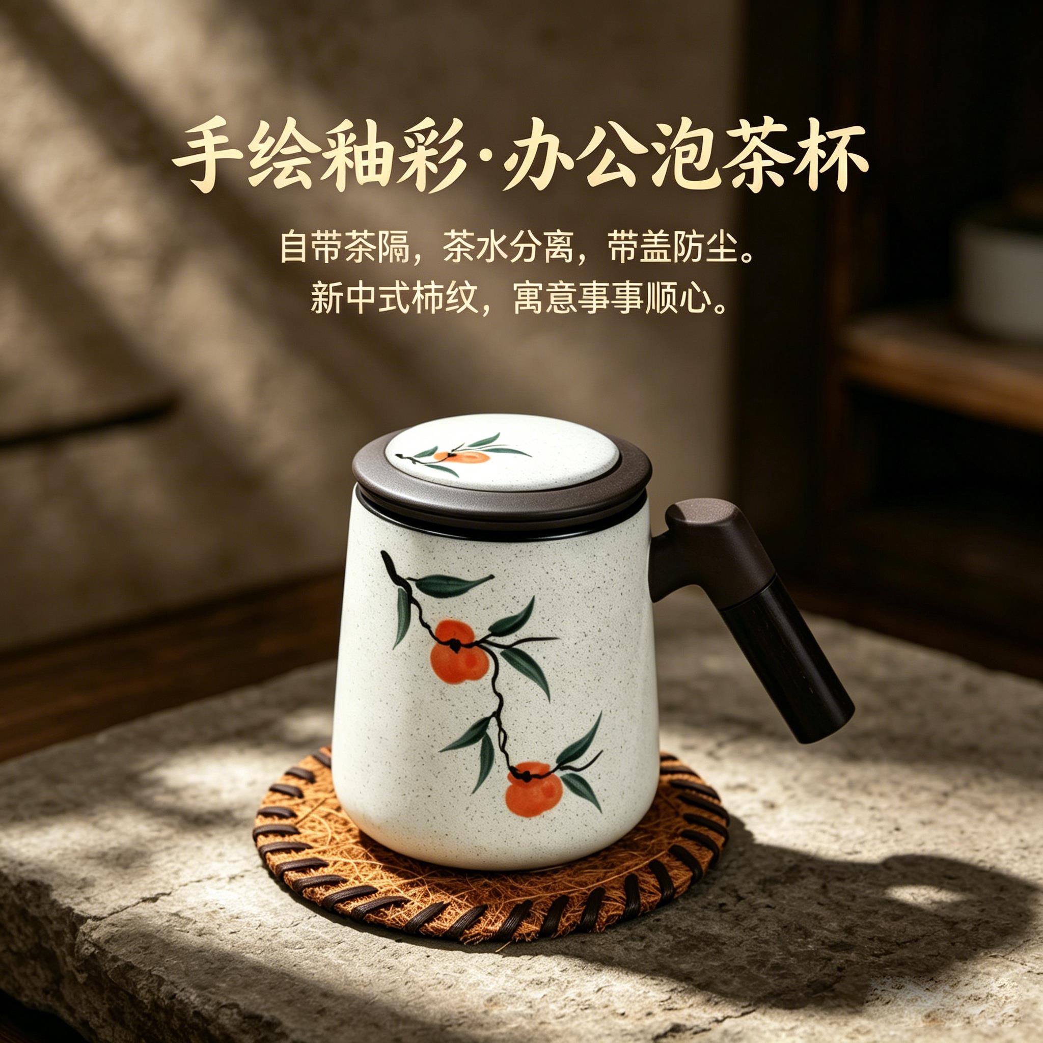 手绘紫砂办公杯茶水分离大容量喝茶个人杯子退休礼品茶杯免费刻字