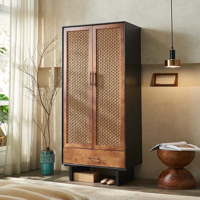 中古风实木藤编衣柜收纳储物柜侘寂风复古橱柜民宿卧室双门衣帽柜,住宅家具,独立衣柜,淘宝优惠券,粉丝福利购,淘宝优惠卷