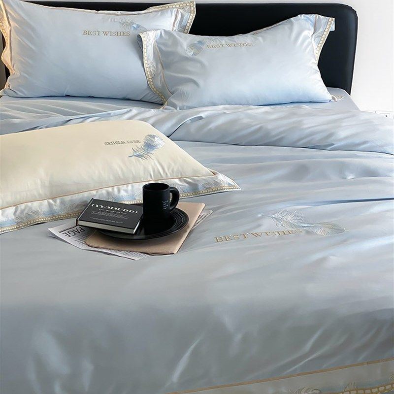 春夏100支双面天丝四件套简约羽毛刺绣凉感裸睡被套床单床上用品,床上用品,床品套件/四件套/多件套,淘宝优惠券,粉丝福利购,淘宝优惠卷