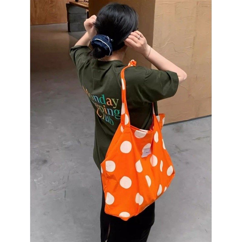 夏日度假休闲橙色波点帆布包单肩印花布袋包大容量百搭时髦购物袋,箱包皮具/热销女包/男包,托特包,淘宝优惠券,粉丝福利购,淘宝优惠卷