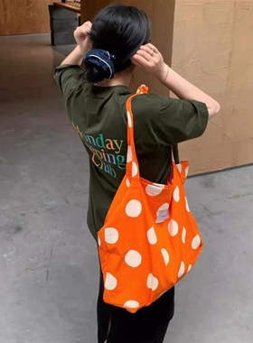夏日度假休闲橙色波点帆布包单肩印花布袋包大容量百搭时髦购物袋