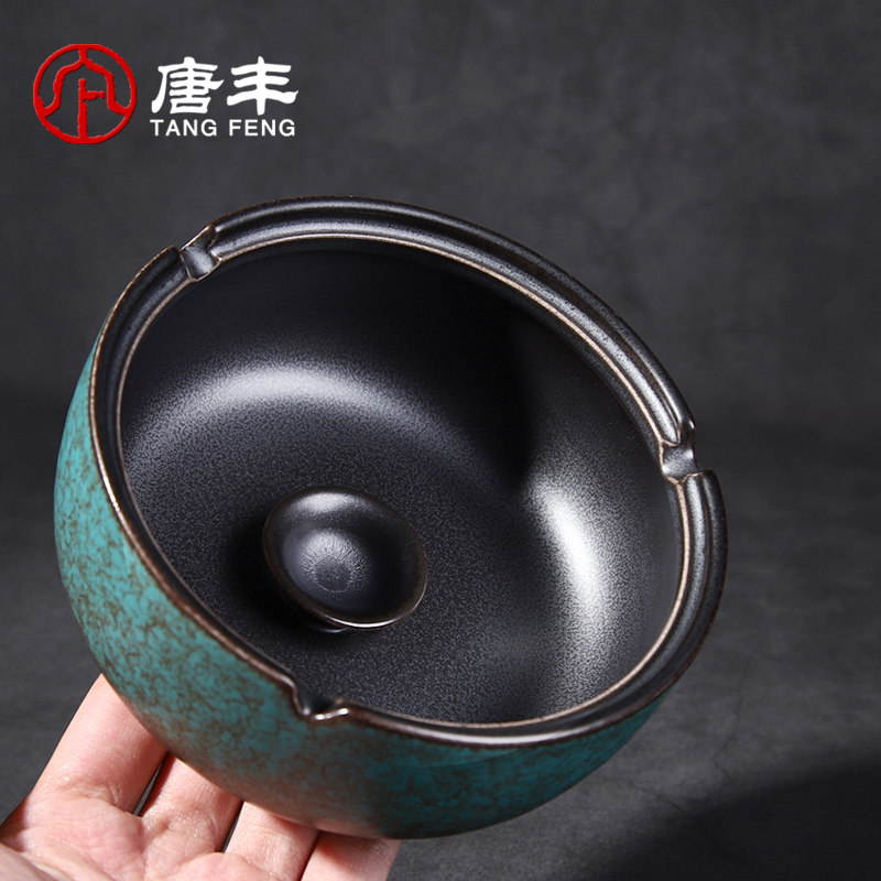 带盖烟灰缸复古家用客厅陶瓷装饰摆件创意个性潮流防烟味防飞灰A