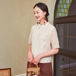 布符夏季新款百搭中式领半开襟流苏扣女士五分袖国风旗袍上衣