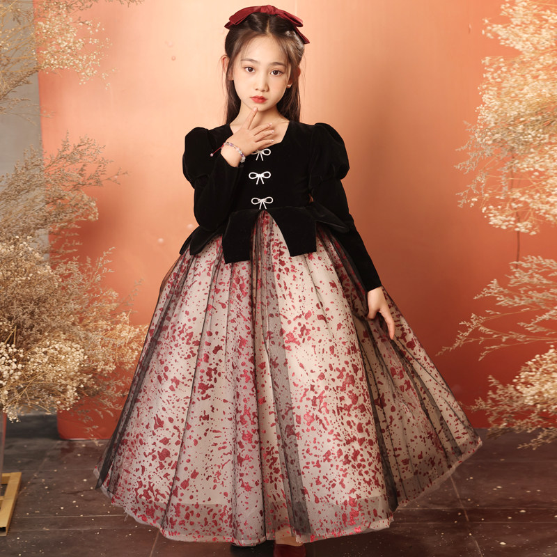 女童礼服轻奢小众高端秋冬加绒女孩钢琴演奏儿童主持人黑色公主裙