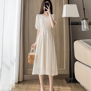 小个子米白色仙女法式雪纺连衣裙女夏季2025新款气质收腰a字裙子