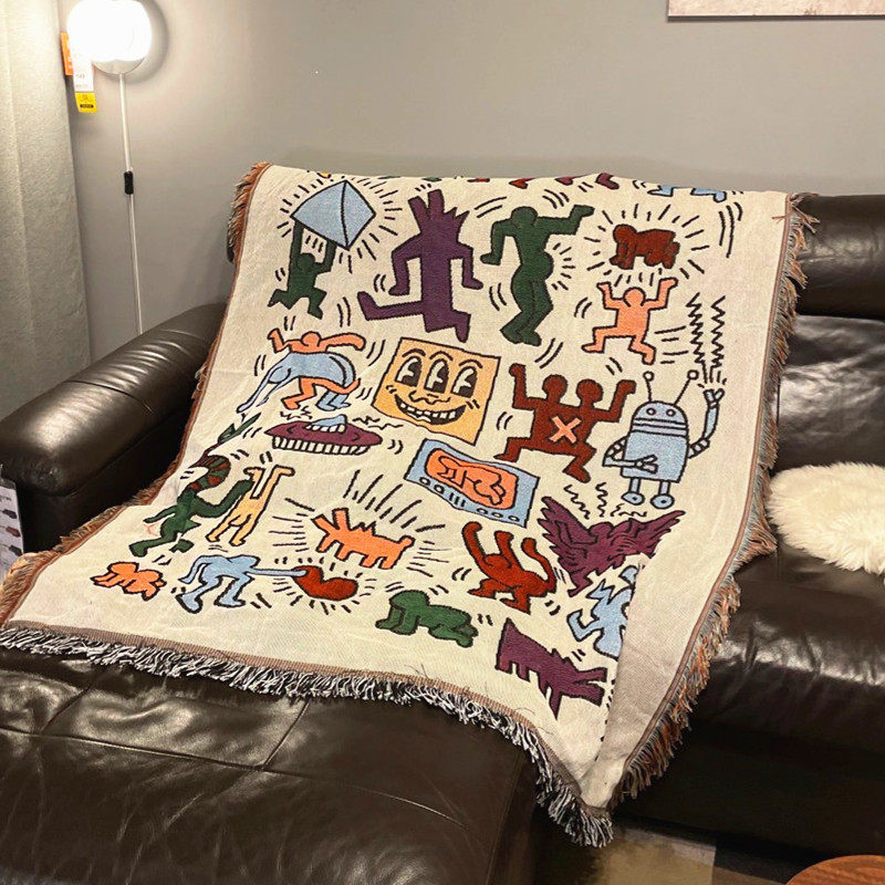 Keith haring涂鸦沙发毯露营复古装饰挂毯盖毯床毯毛毯针织毯挂布