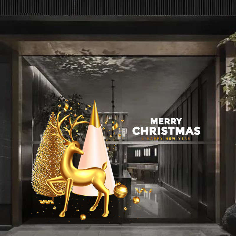 耶诞树雪人创意组合橱窗玻璃贴纸服装珠宝商场展厅家居店静电贴画,家居饰品,门贴,淘宝优惠券,粉丝福利购,淘宝优惠卷