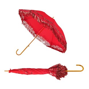 高级红伞结婚新娘陪嫁接亲婚庆出门婚礼古风蕾丝长柄中式红色雨伞