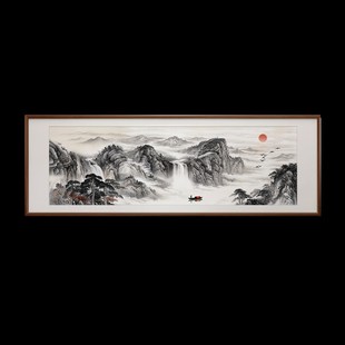 迎客松挂画新中式入户玄关客厅茶室装饰画横版风景山水画客厅壁画