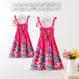 亲子装连衣裙2018新款母女装夏季裙子海边度假吊带裙棉绸沙滩裙