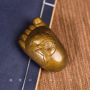 东意文房 复古黄铜佛脚镇纸小摆件书法知足常乐锦鲤创意镇尺压纸