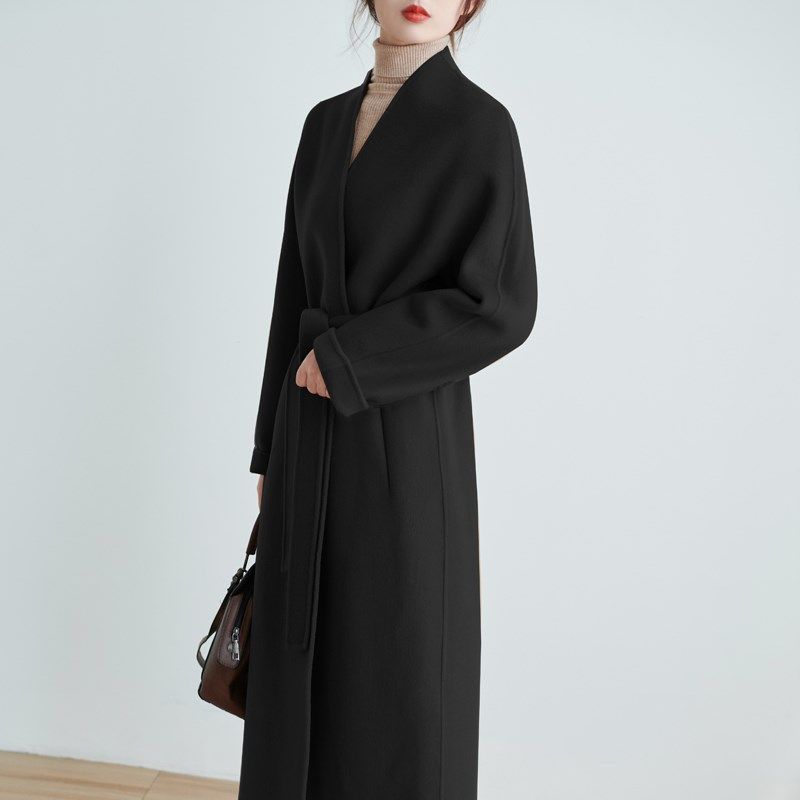 绿色无领双面呢羊毛大衣中长款女简约宽松直筒睡袍款系带毛呢外套,女装/女士精品,毛呢外套,淘宝优惠券,粉丝福利购,淘宝优惠卷