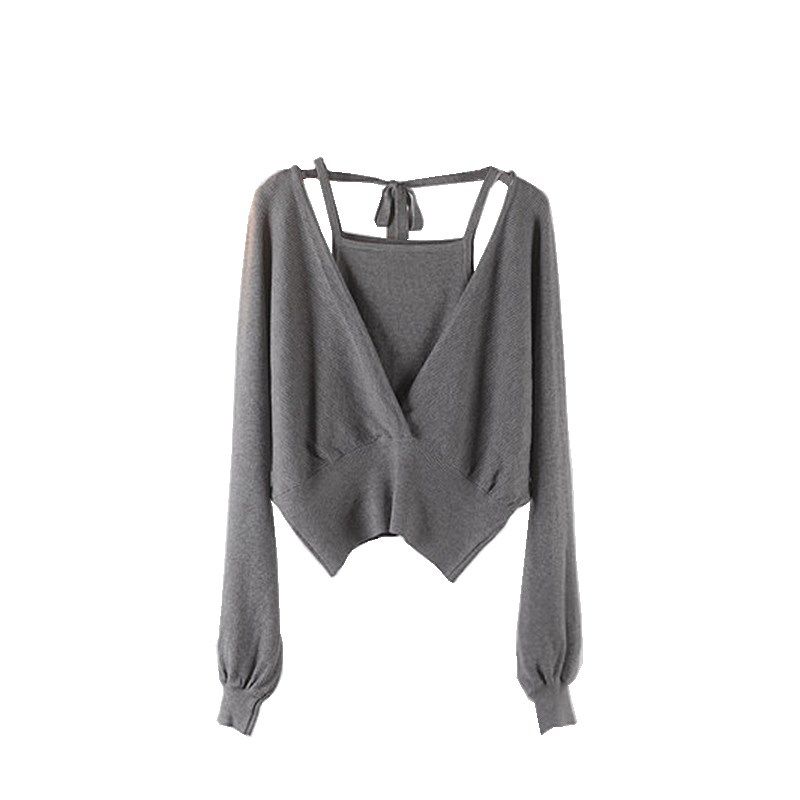 宽松复古气质两件套套装毛衣露肩吊带式收腰纹理短款针织上衣背心