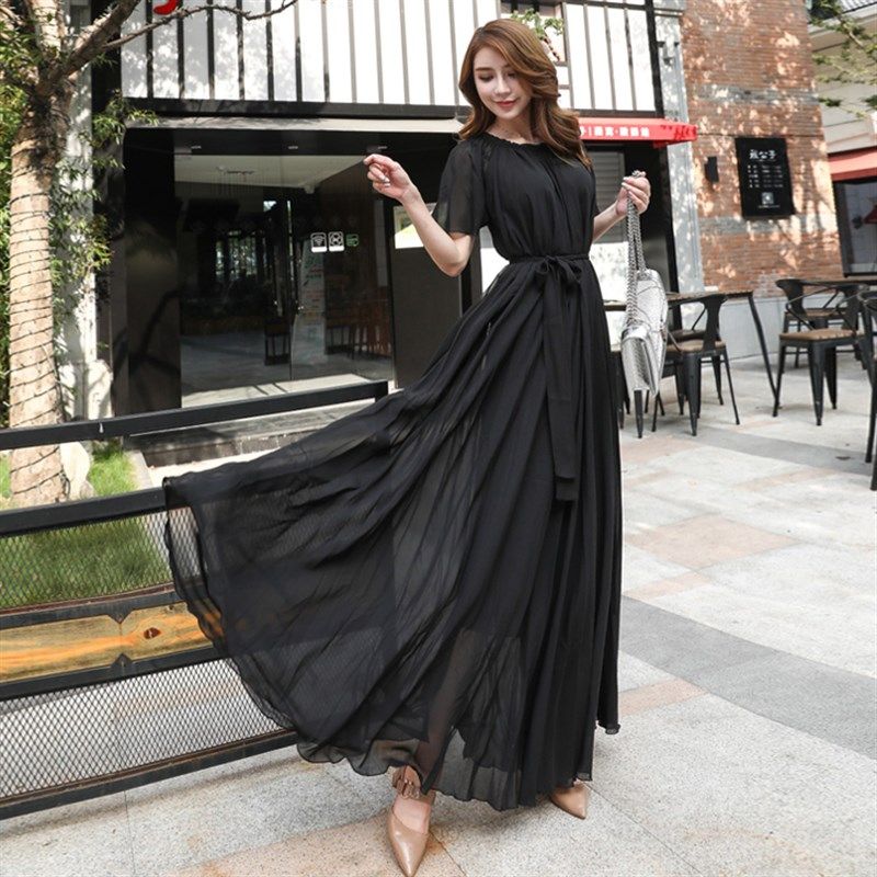 雪纺连衣裙女超长款2021新款黑色短袖宽松大码遮肚子显瘦及踝长裙,女装/女士精品,连衣裙,淘宝优惠券,粉丝福利购,淘宝优惠卷