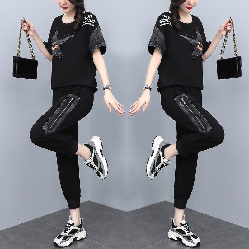 2025夏季新款牛仔拼接短袖大码女装休闲显瘦遮肚两件套裤子套装女