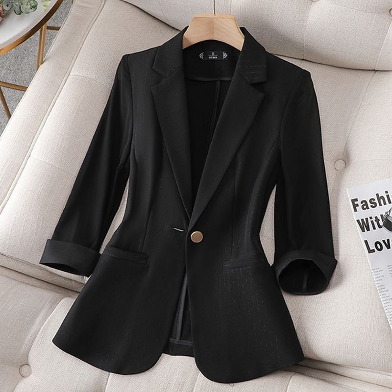 黑色雪纺七分袖西装外套女夏薄款透气2025新款小个子高级感西服