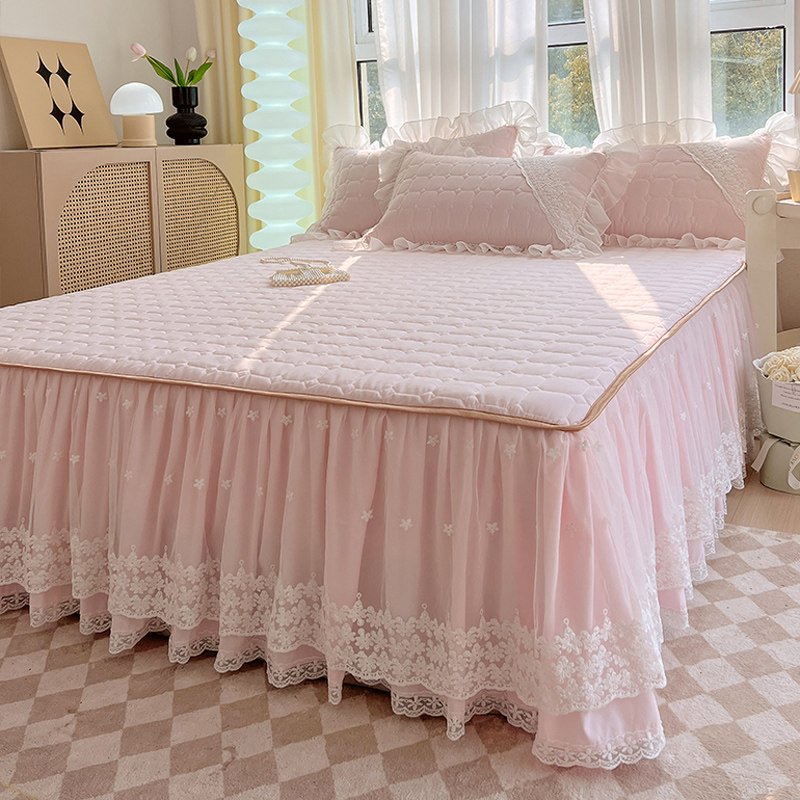 韩版纯色夹棉床裙式床罩单件高级感蕾丝花边公主风床围裙四季通用,床上用品,床裙,淘宝优惠券,粉丝福利购,淘宝优惠卷