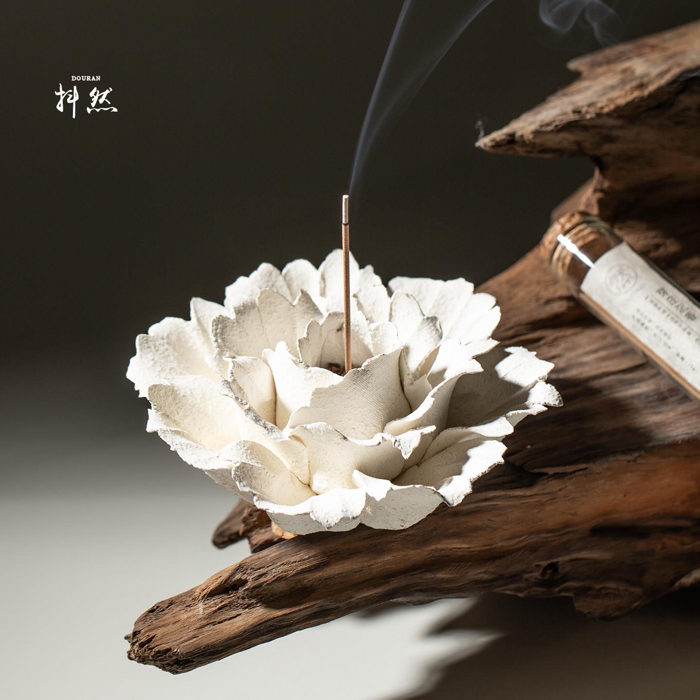 抖然非遗手捏陶瓷花瓣线香插底座香托白色莲花香薰炉摆件高级礼品