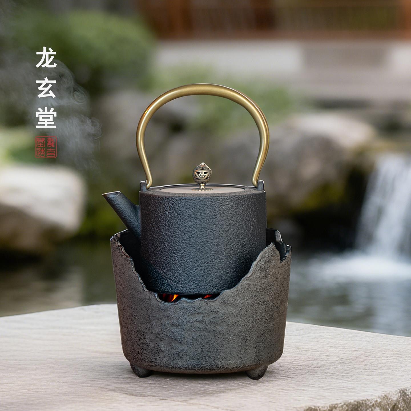 纯手工远山形铸铁炭炉铁壶炉复古烧水壶煮茶壶木碳加热茶壶古茶道