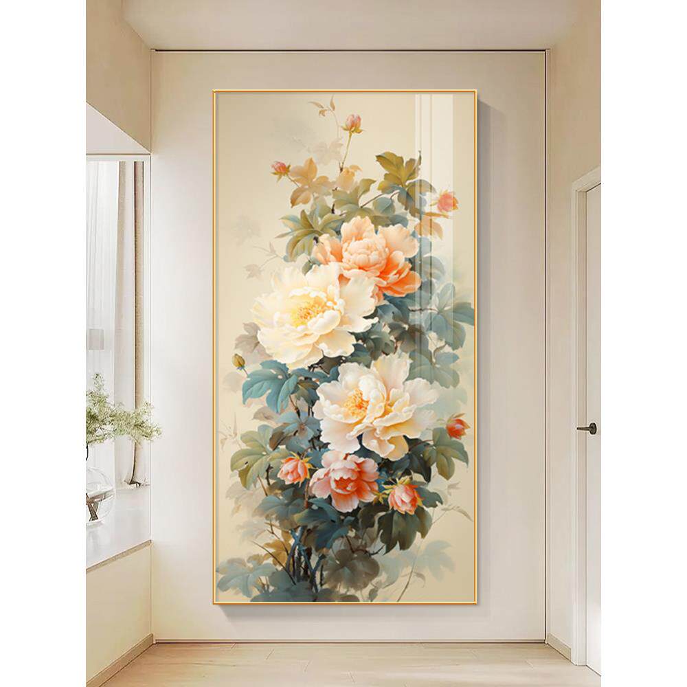 鲜花与财富，新中国风格的门厅装饰画，客厅走廊过道垂直挂画，牡