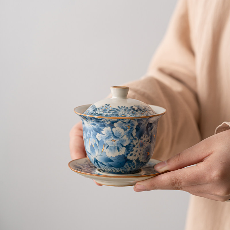 敦铭堂 汝窑三才盖碗茶杯青花瓷功夫茶具套装家用防烫泡茶碗单个,餐饮具,盖碗,淘宝优惠券,粉丝福利购,淘宝优惠卷