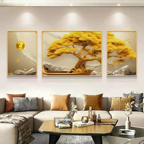 发财树客厅装饰画三联高级感沙发背景墙挂画现代大气空白墙轻奢画