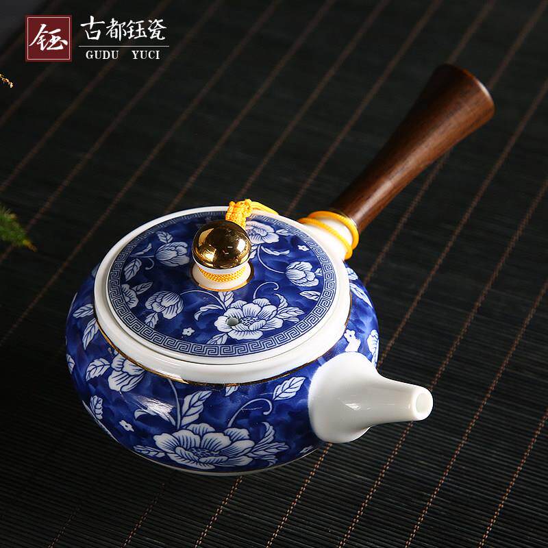 青花瓷侧把茶壶单壶西施壶复古珐瑯彩壶功夫茶具过滤泡茶壶