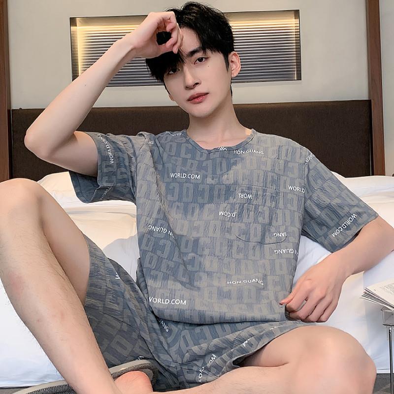 夏季男士棉绸睡衣裤套组短袖短裤圆领套头青少年可外穿凉感薄款冰