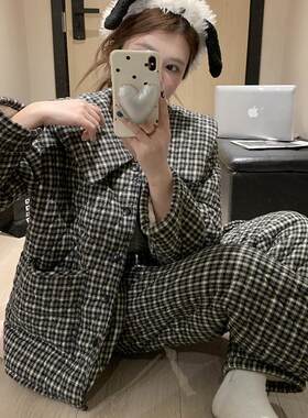 韩系冬季睡衣女三层夹棉袄冬天加绒保暖条纹格子珊瑚绒家居服套装