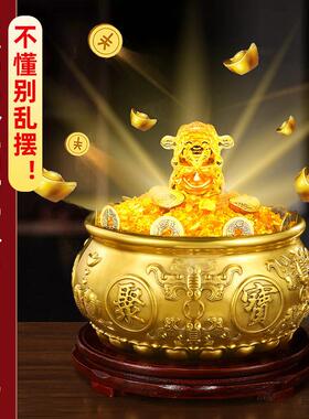 2026年新款聚宝盆纯黄铜米缸元宝招财聚财水晶八方来财存钱罐摆件