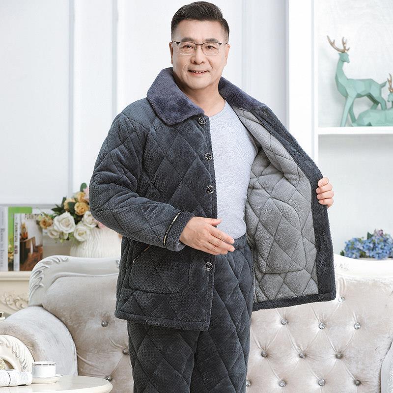 男士睡衣男秋冬季加厚加绒保暖夹棉中老年人爸爸珊瑚绒家居服套装