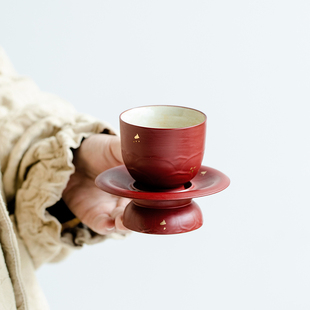 观策器隐矾红洒金莲花托盏茶杯底座隔热垫茶杯主人杯功夫品茗杯子
