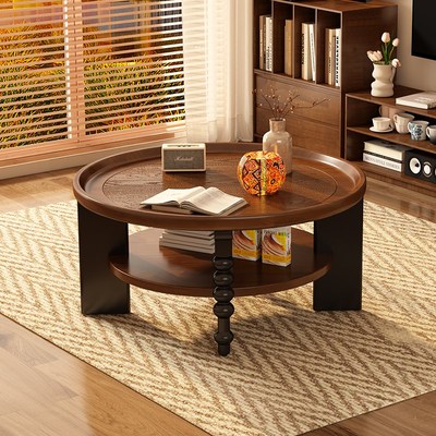 中古风实木茶几圆形法式复古创意茶桌家用小桌子小户型客厅茶几