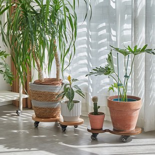 实木花托可移动托盘底座加厚万向轮带刹车静音圆形鱼缸承重花盆架