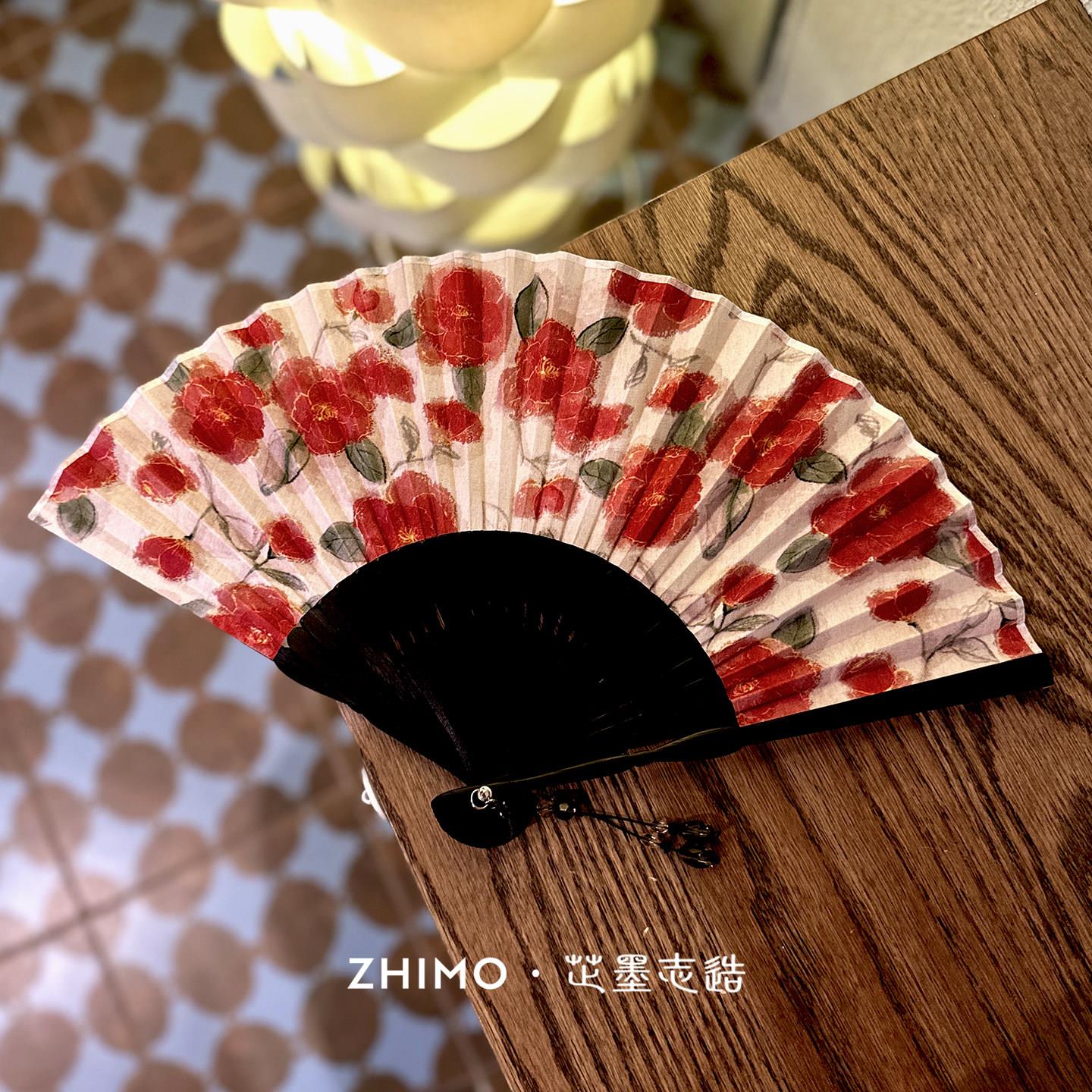 山茶。芷墨文艺复古港风折扇时尚花朵古风夏季新中式折叠扇子红色