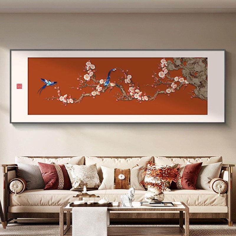 喜上枝头客厅装饰画高级感新中式沙发背景墙挂画横幅喜庆花鸟壁画