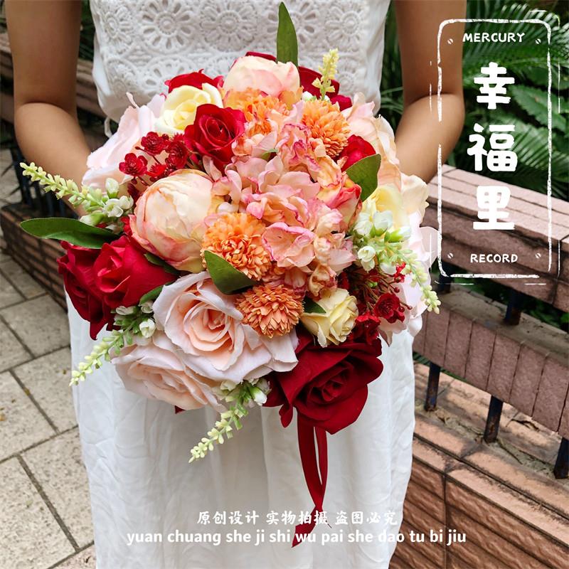 新娘手捧花婚礼玫瑰牡丹混搭花束海洋风甜美风新房布置摆设绢花